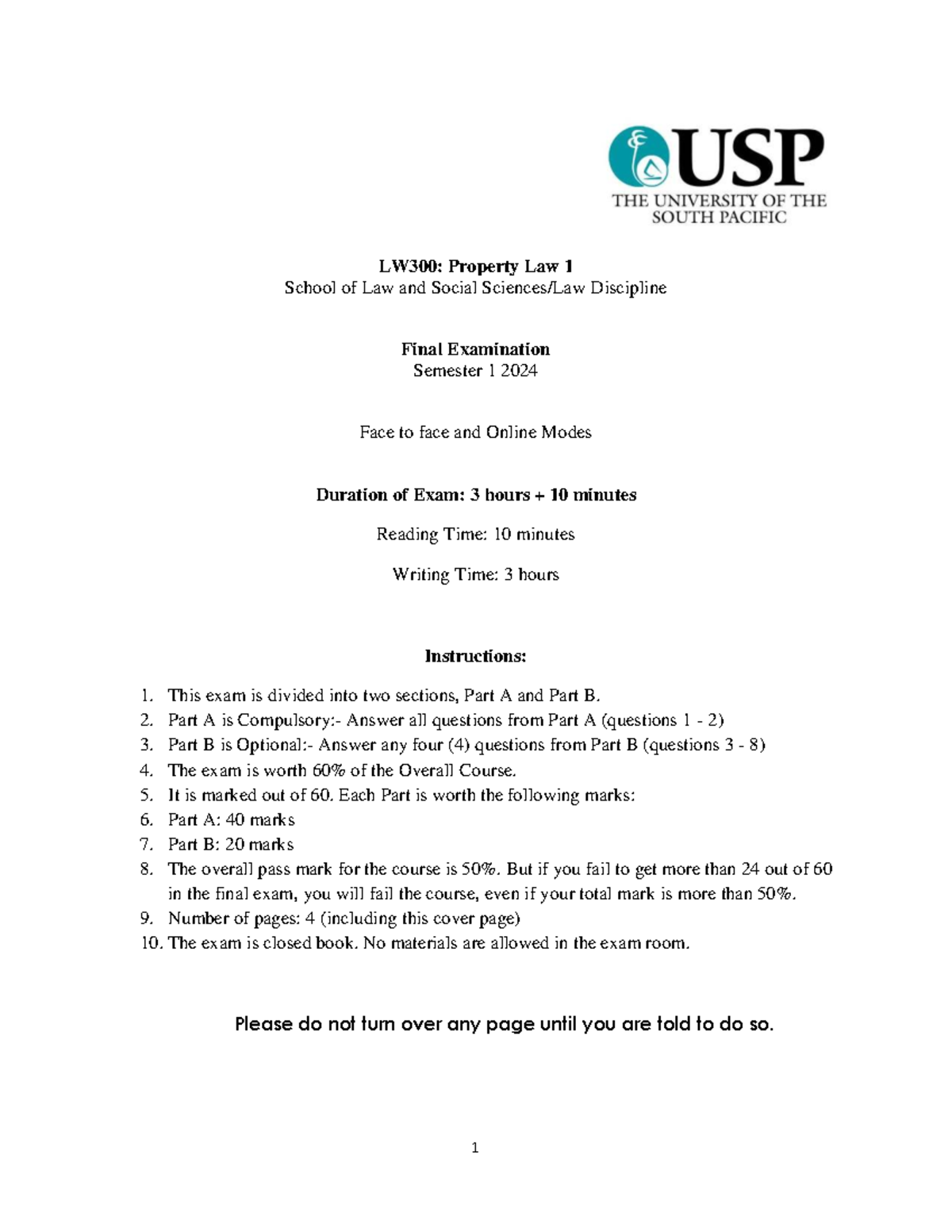 LW300: Property Law 1 Final Exam Guidelines and Questions 2024 - Studocu