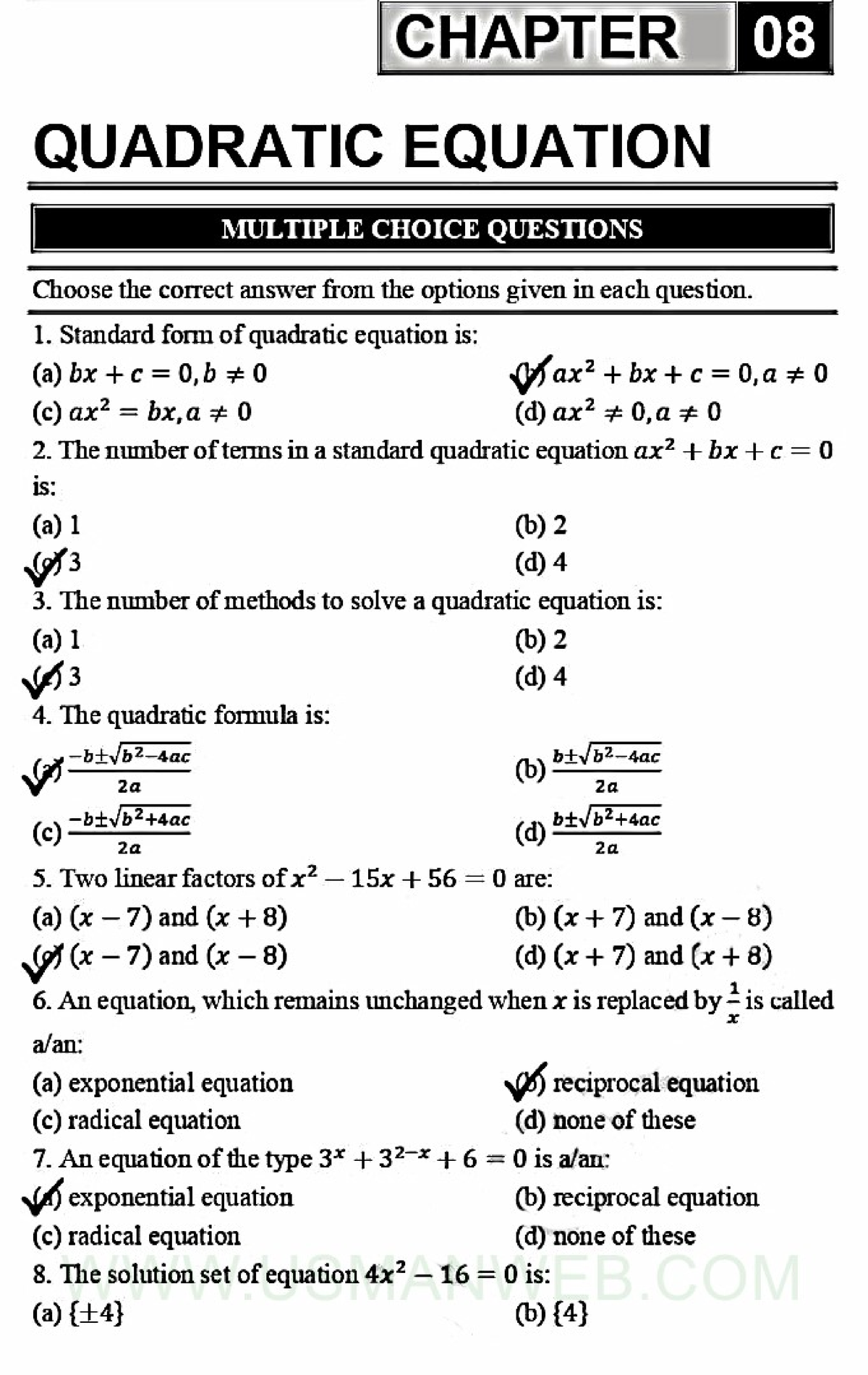 9th Math CH 8 MCQs - Quadratic Equations (Sindh Board) - Studocu