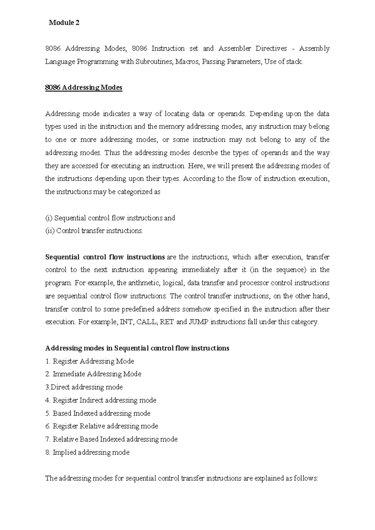 Module 2 - 8086 Addressing Modes and Instruction Set Overview - Studocu