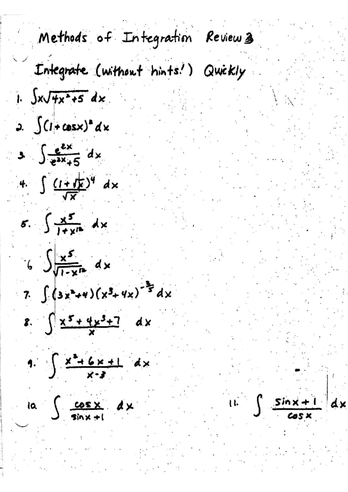 Integration Worksheet #3 - Homework Review on Methods of Integration ...