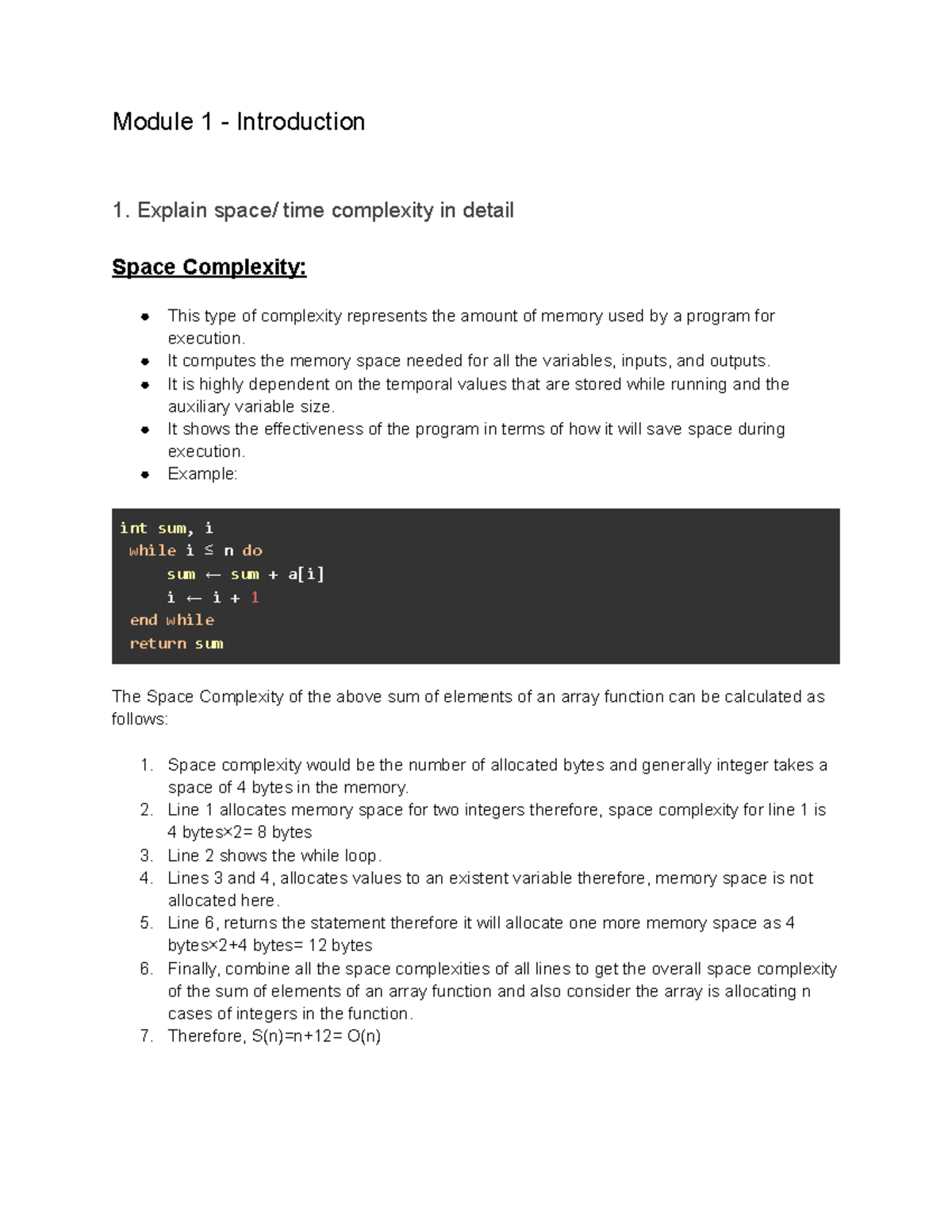 AOA LMT Notes - Module 1 - Introduction 1. Explain space/ time ...