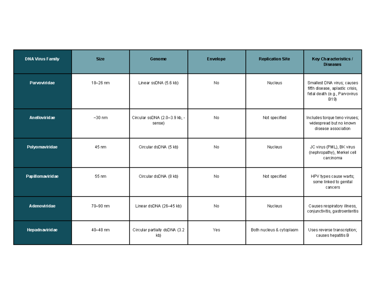 Viruses Summary: Key Characteristics and Diseases of DNA/RNA Families ...