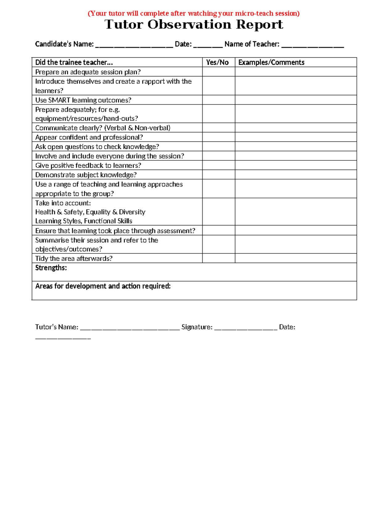 Tutor Observation Report Template (TUTOR 101) - Studocu