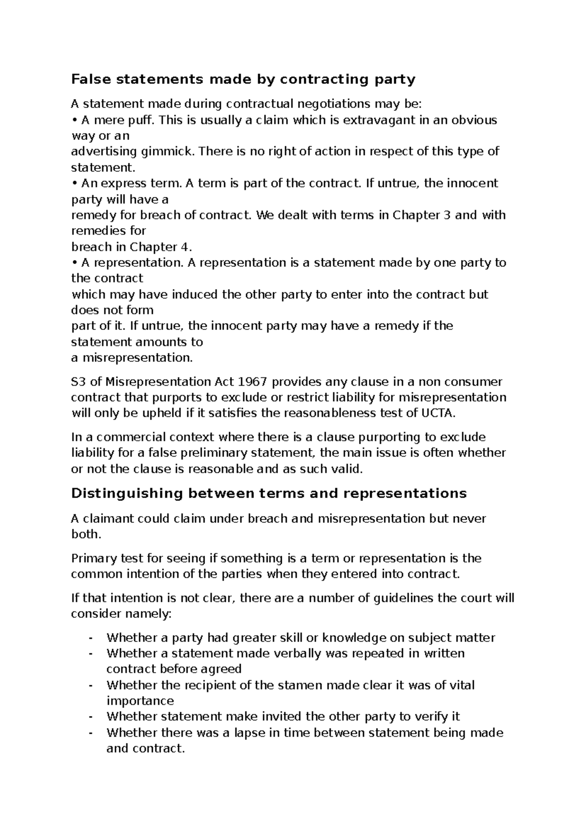 Unit 7: False Preliminary Statements & Mistakes in Contract Law - Studocu