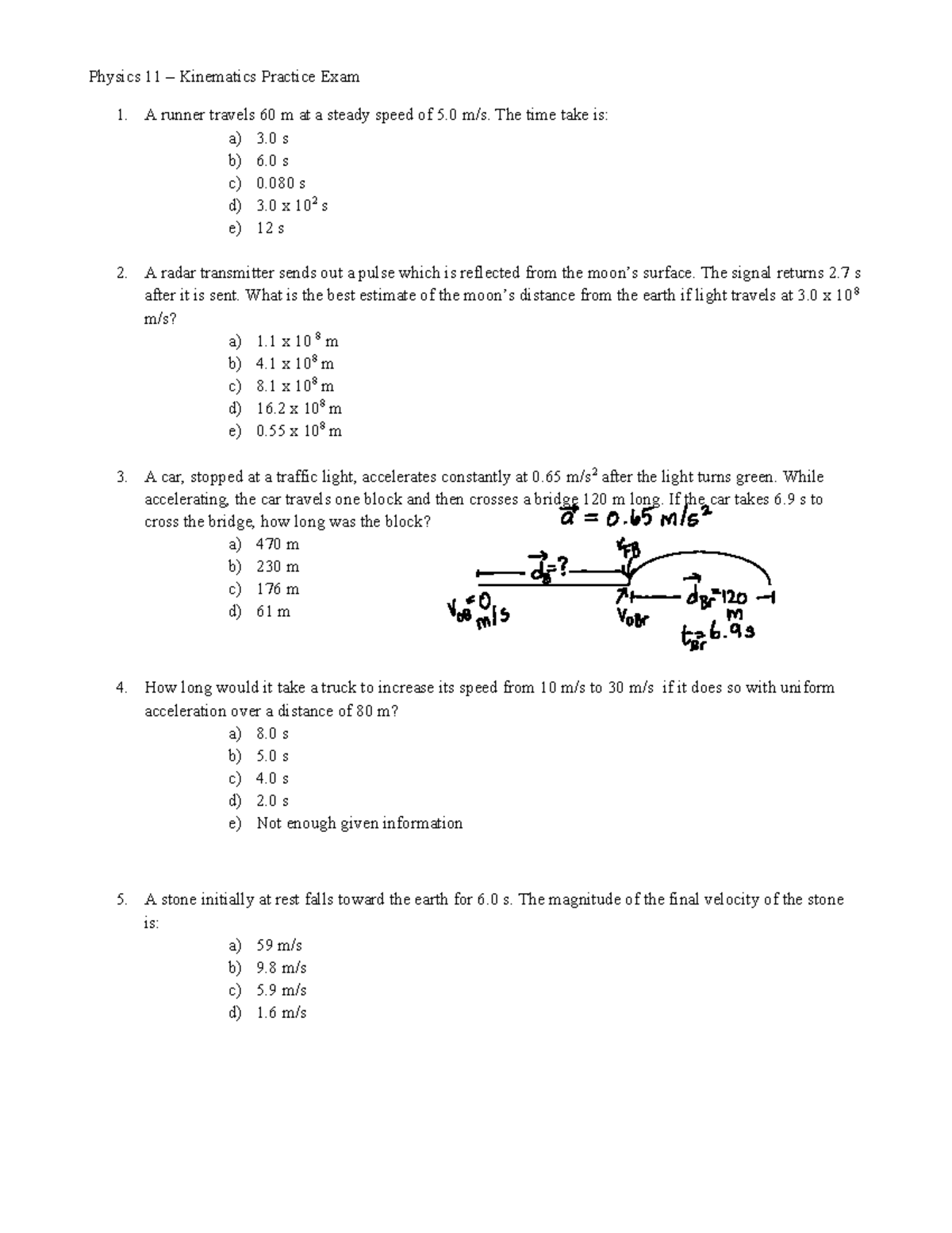Kinematics practice exam - Physics 11 – Kinematics Practice Exam 1. A ...
