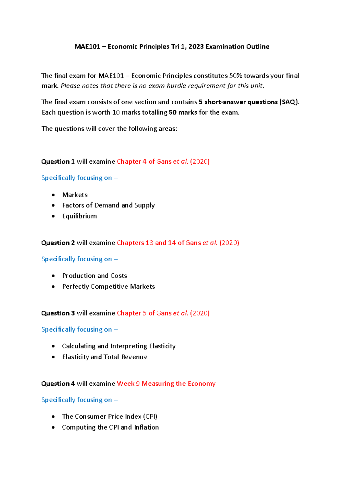 MAE101 Final Exam Outline T1 2023: Key Topics & Structure - Studocu