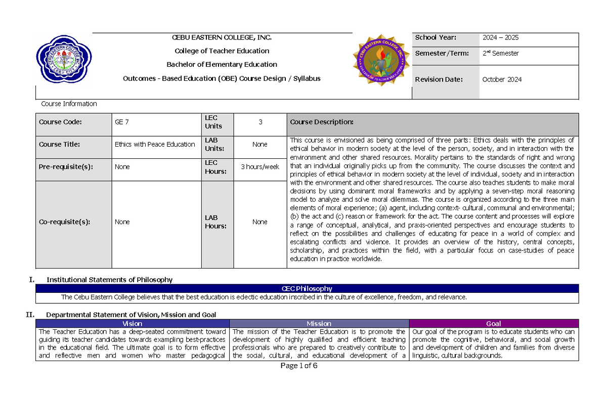 GE 7 Ethics and Peace Education - Syllabus for 2nd Semester 2024-2025 ...
