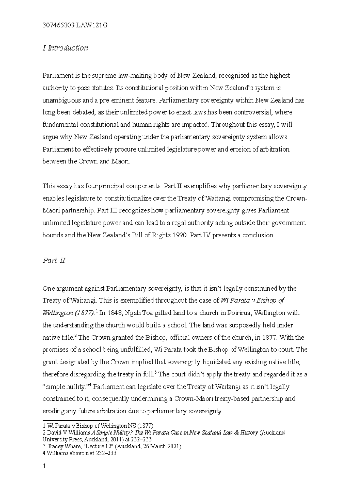 307465803 LAW121G Essay on Parliamentary Sovereignty in New Zealand ...
