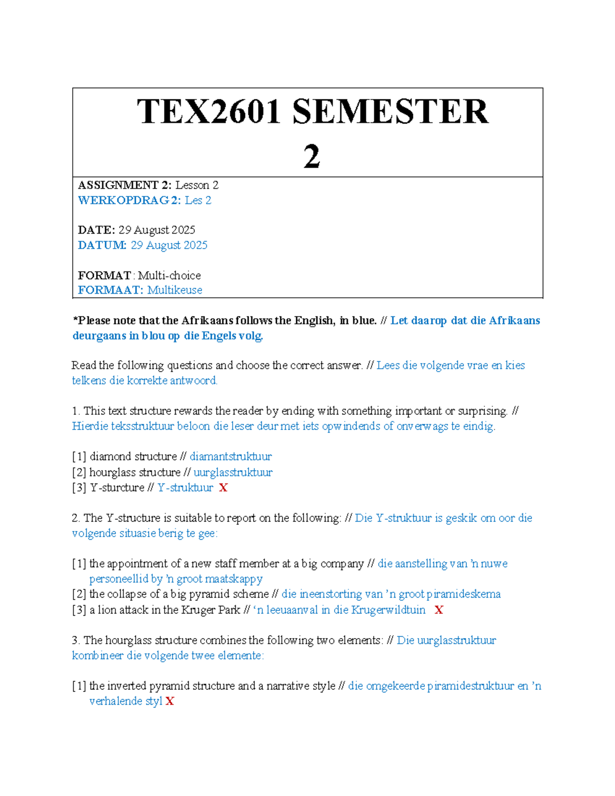 TEX2601 Assignment 2: Lesson 2 Multi-choice Questions S2 2025 - Studocu