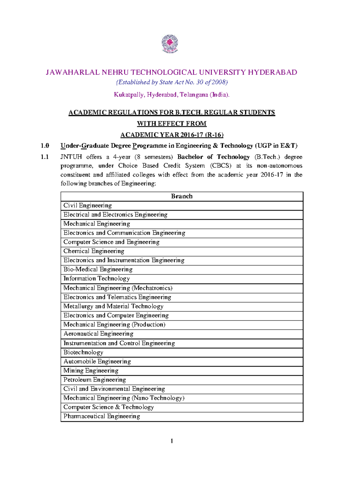 JNTUH B.Tech Academic Regulations (R16) for Regular Students - Studocu