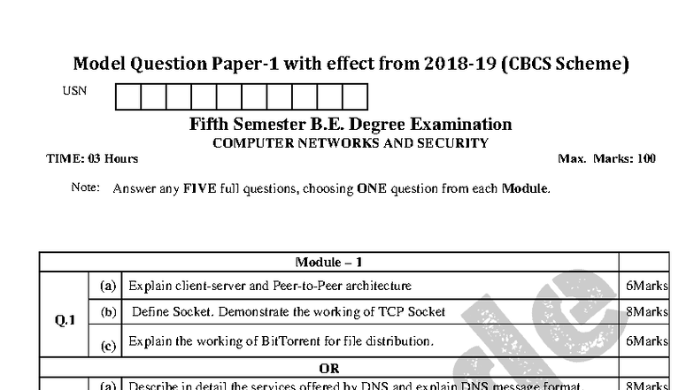 18CS52 Model Question Paper for Computer Networks & Security - Studocu