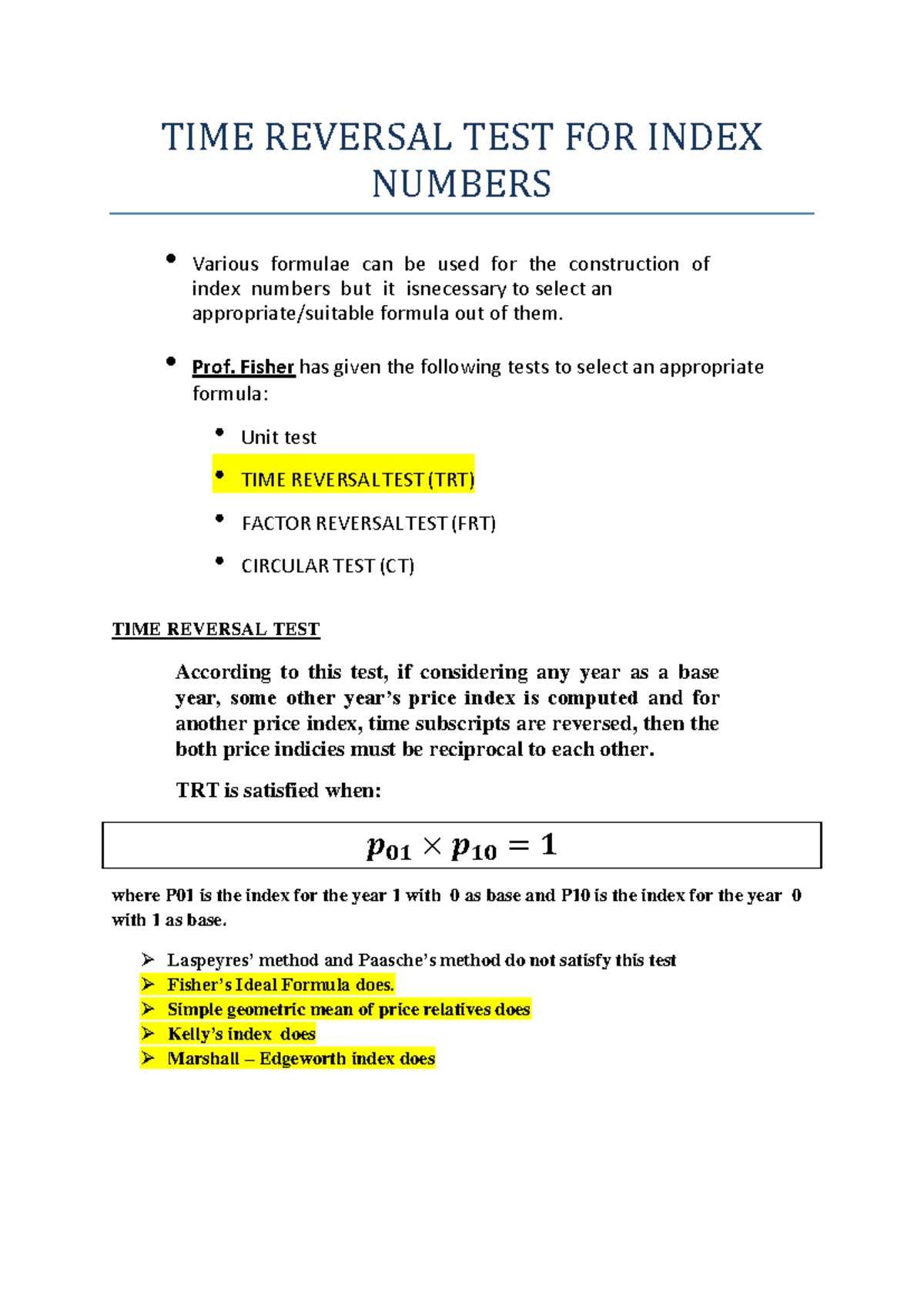Time Reversal Test for Index Numbers in Economics Analysis - Studocu