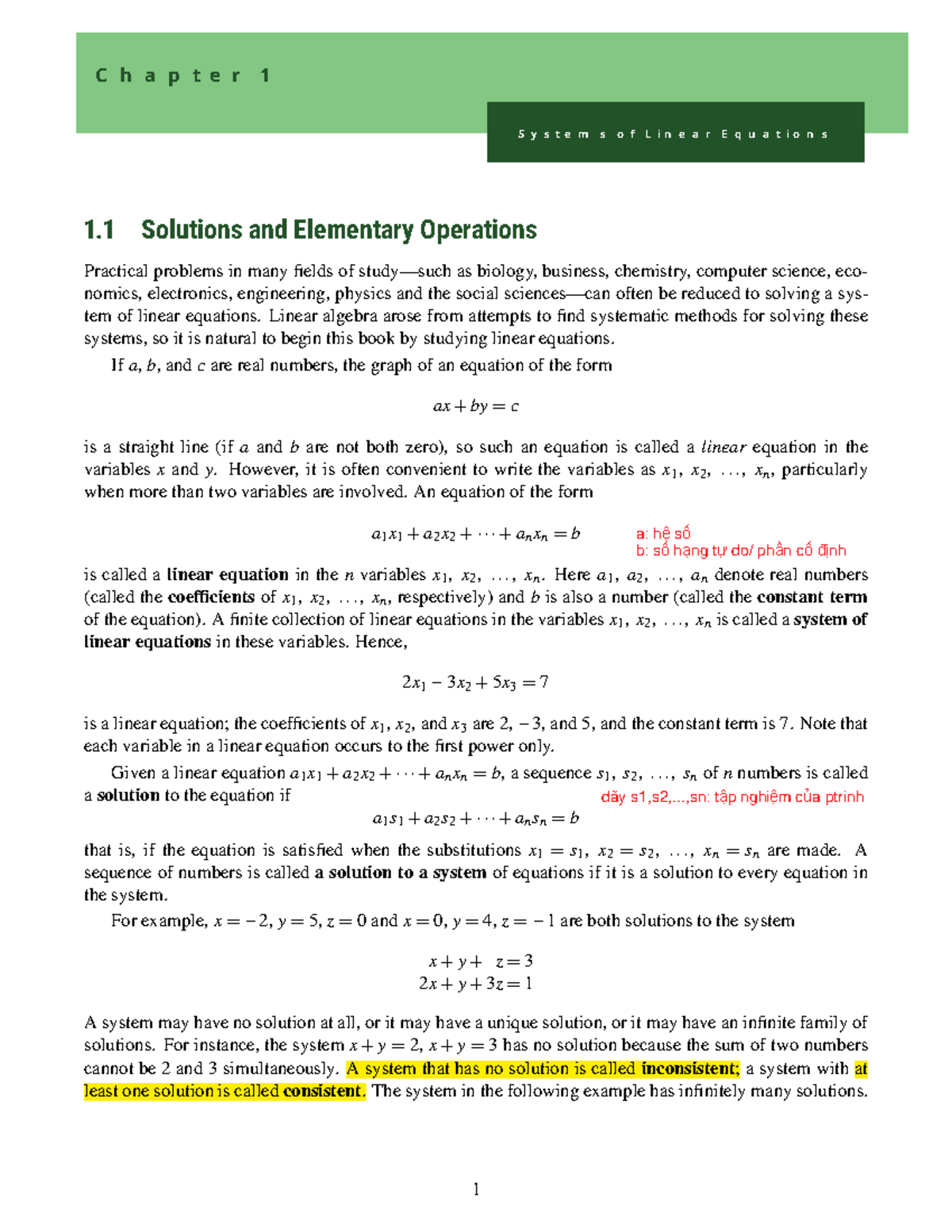 Algebra Chapter 1: Systems of Linear Equations and Solutions - Studocu