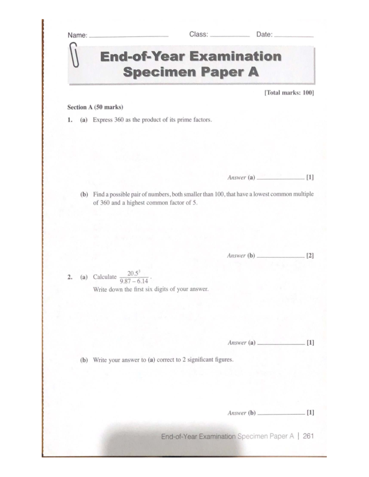 EOY A & B - Mathematics Examination Specimen Papers - Studocu