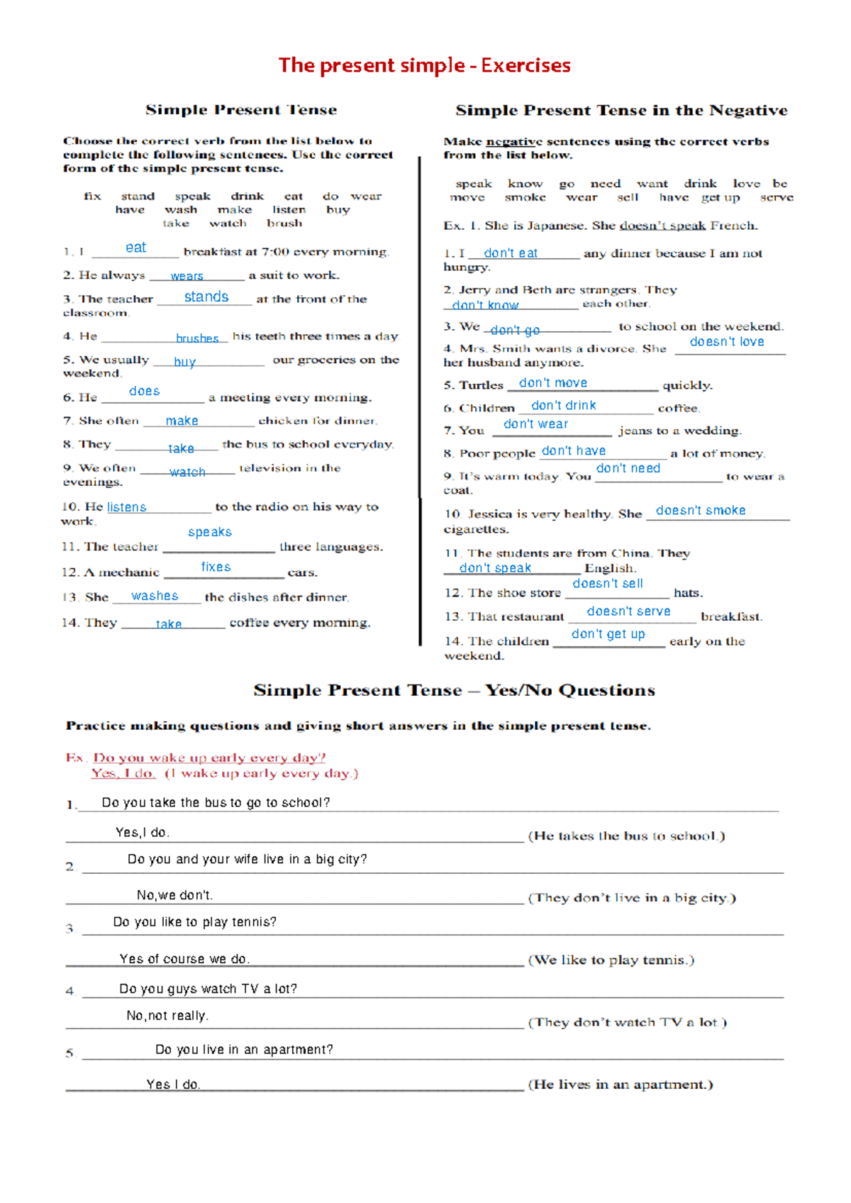 The present simple - Affirmative, negative, interrogative - Exercises ...
