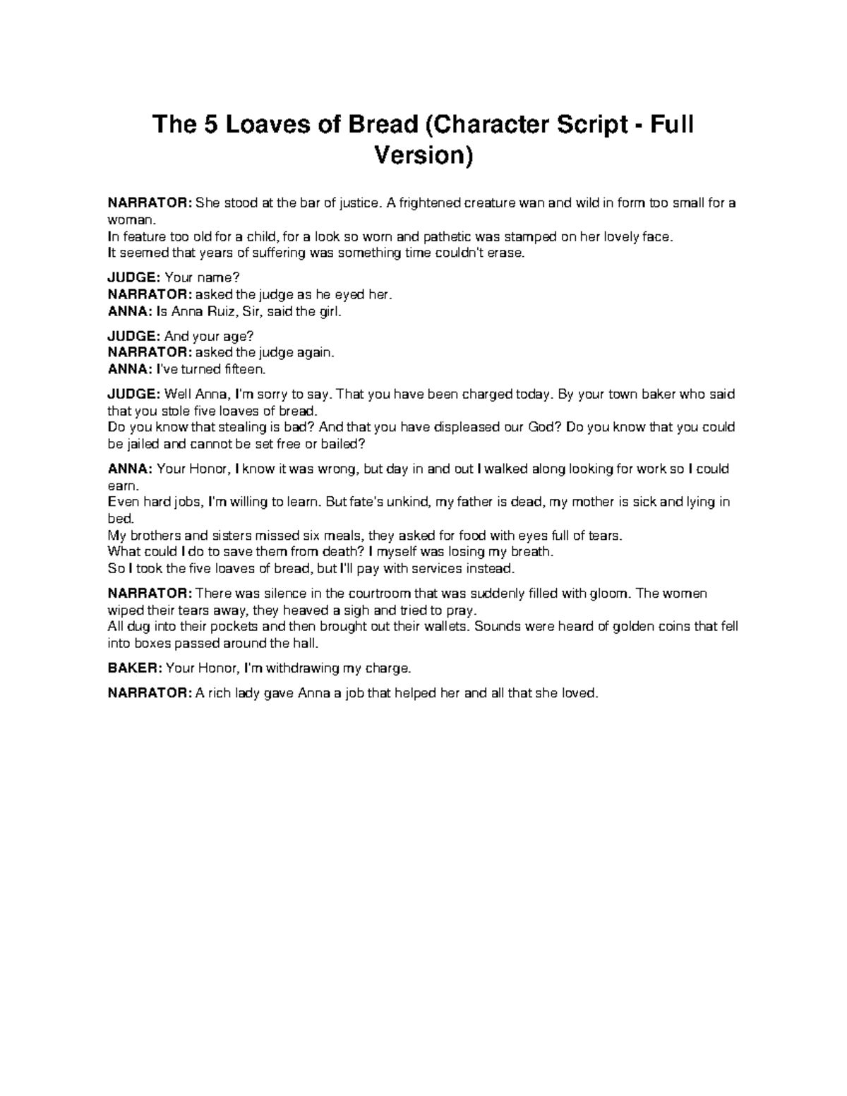 The 5 Loaves of Bread: Character Script (Full Version) - Studocu