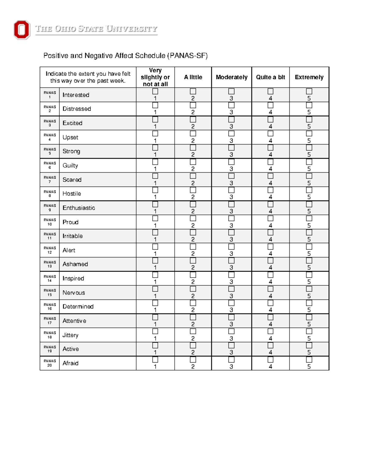 PANAS Scale for Positive and Negative Affect Assessment - Studocu