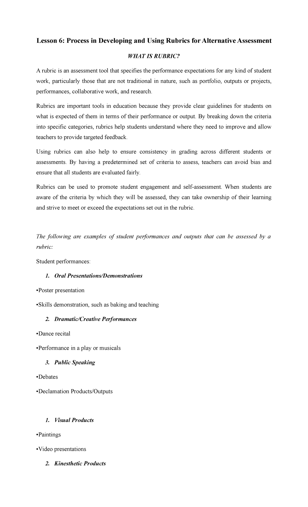 6 - Lesson on Developing and Using Rubrics for Alternative Assessment ...