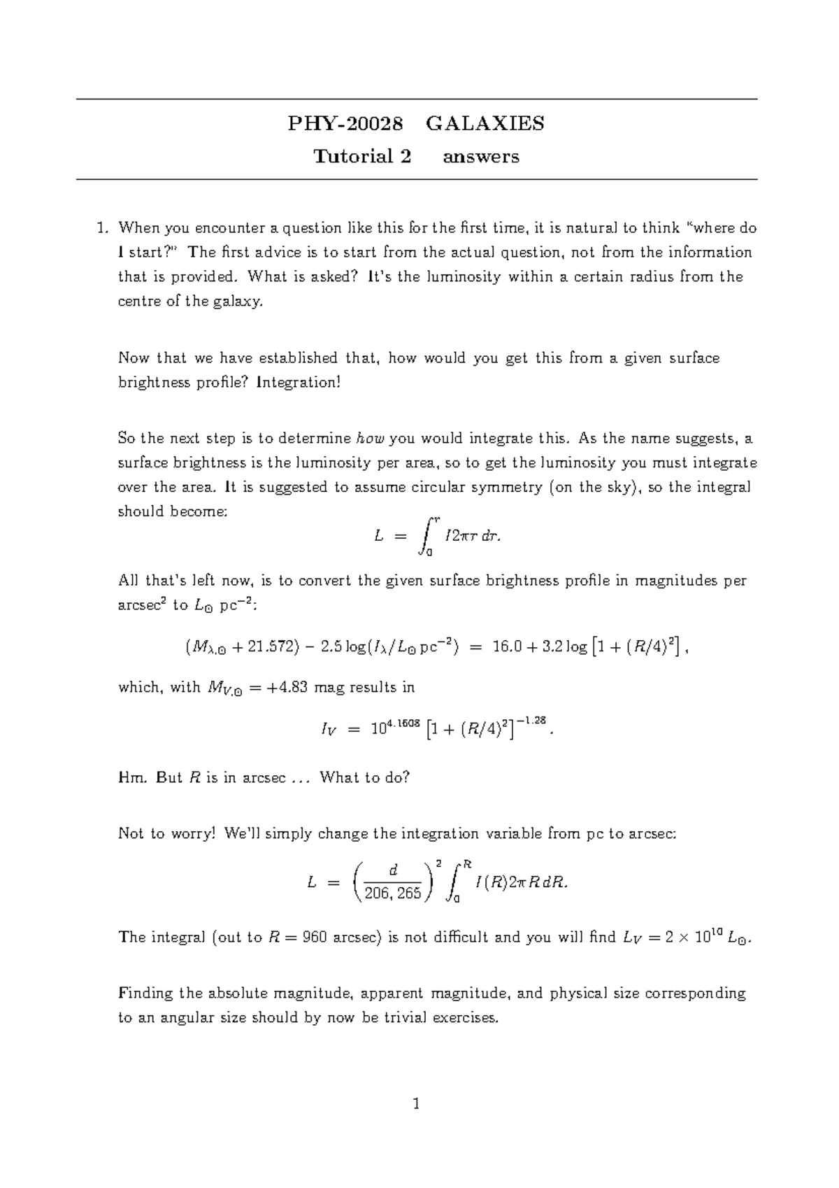 Tutorial 2 Answers - PHY-20028 GALAXIES Tutorial 2 answers When you ...