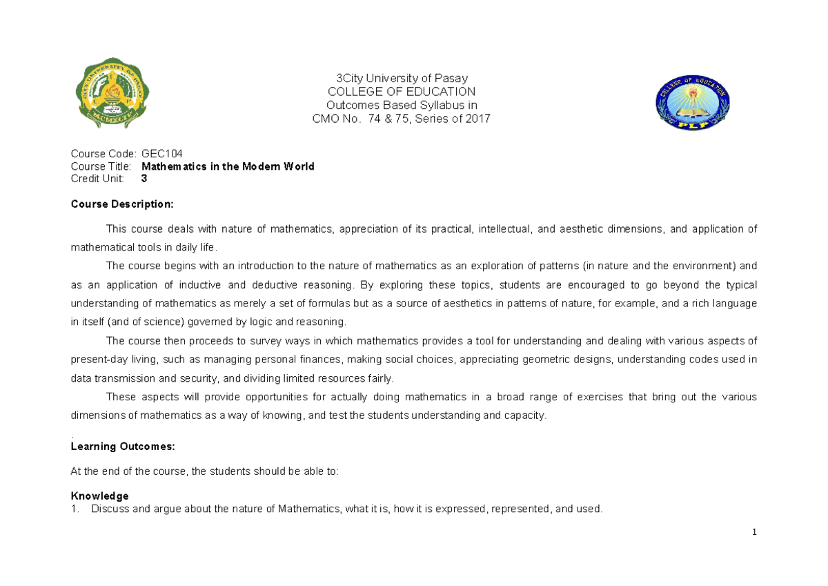 GEC 104 Mathematics in the Modern World Syllabus - CUP - Studocu