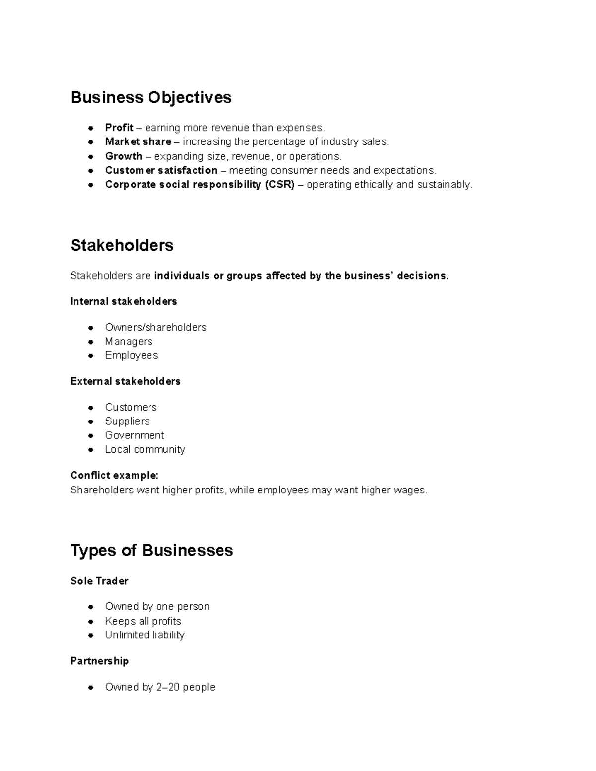 Business Notes: Key Objectives and Management Functions - Studocu