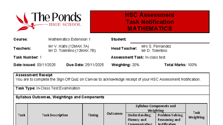 2025-2026 Ext1 Y12 AT1 Notification - HSC Assessment Task Notification ...