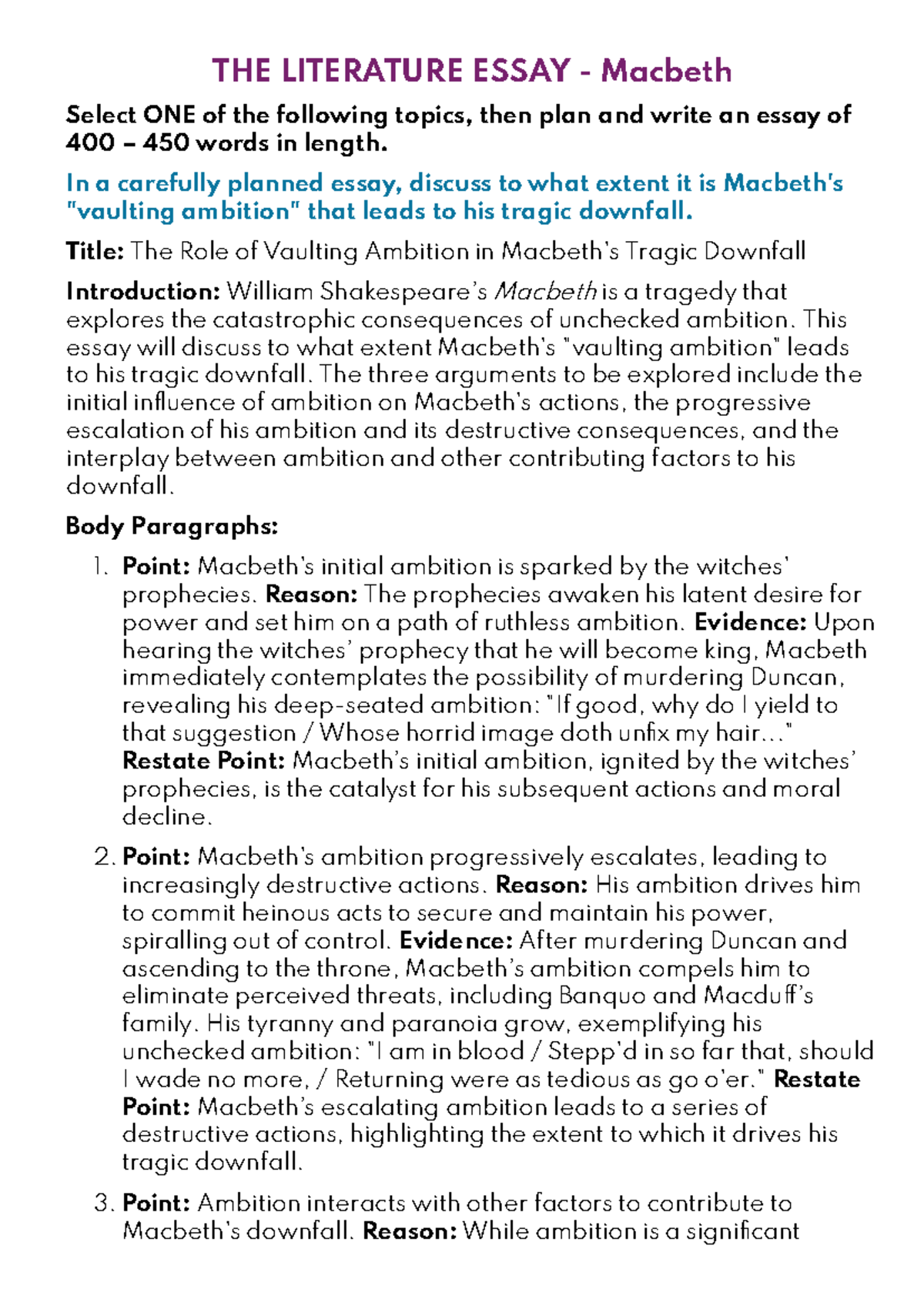 Title: Macbeth (ENG 101) Final Essay: The Role of Ambition in His Downfall - Document Preview