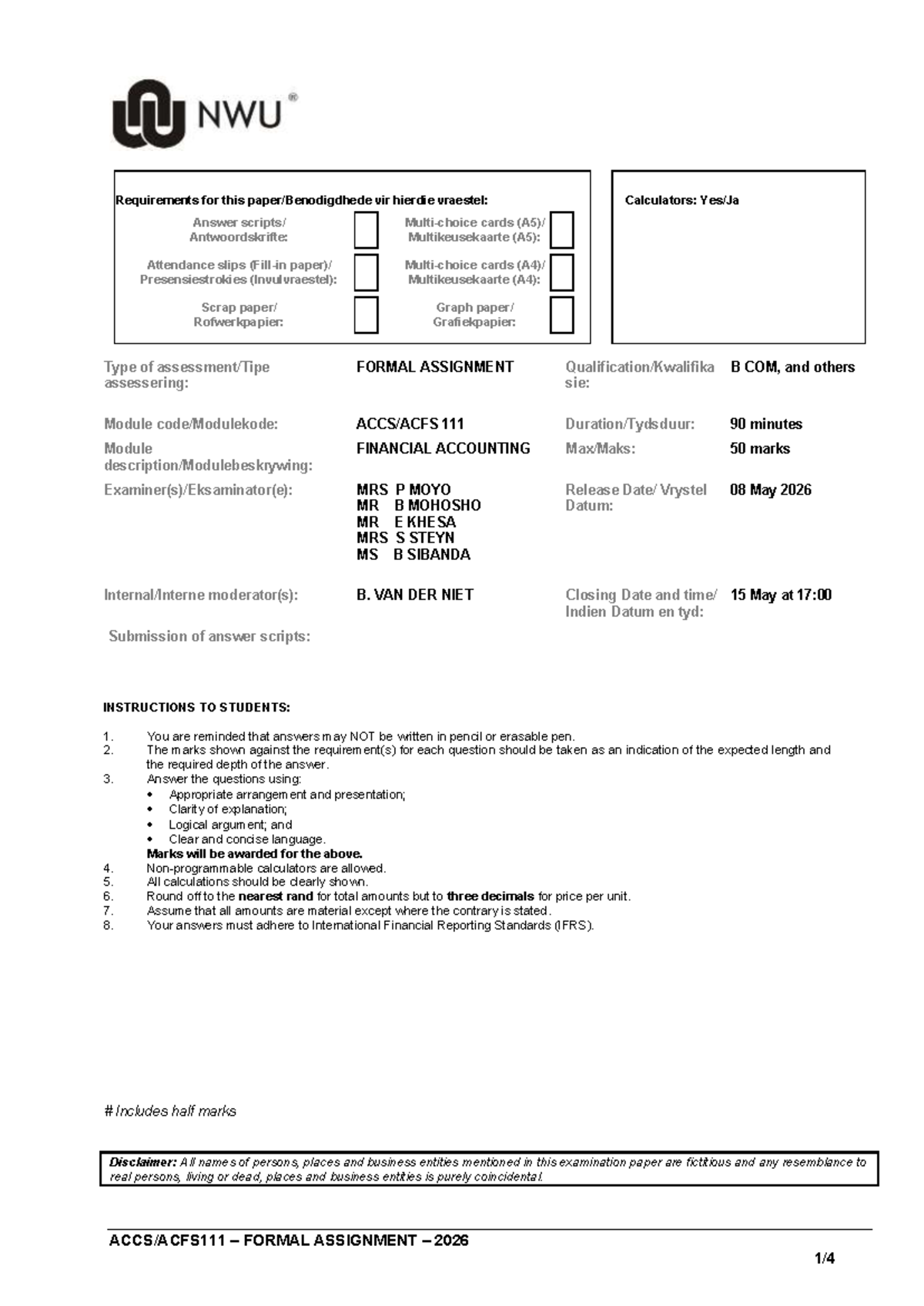 ACCS111 Formal Assignment 2026: Financial Accounting Requirements - Studocu
