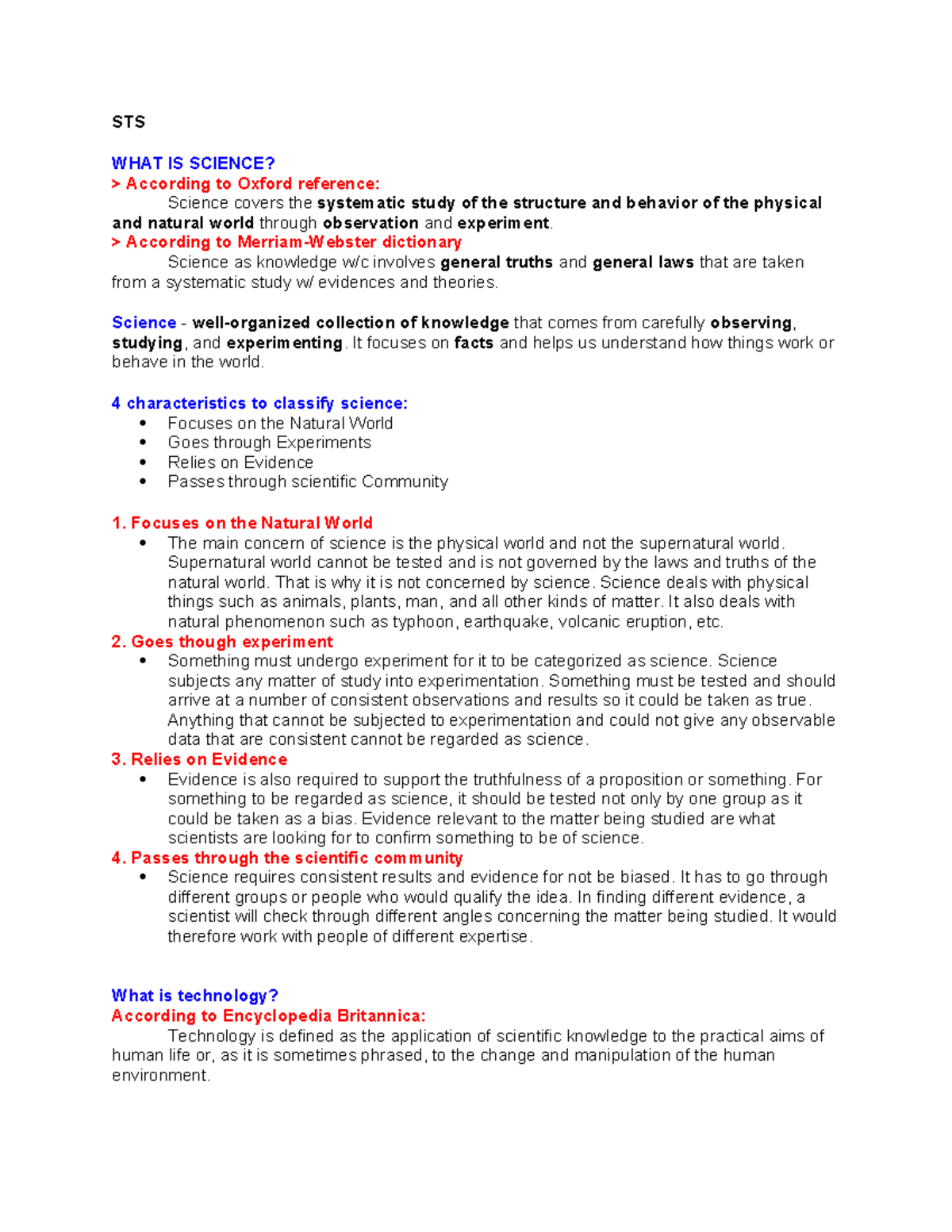STS- Reviewer - STS WHAT IS SCIENCE? > According to Oxford reference ...
