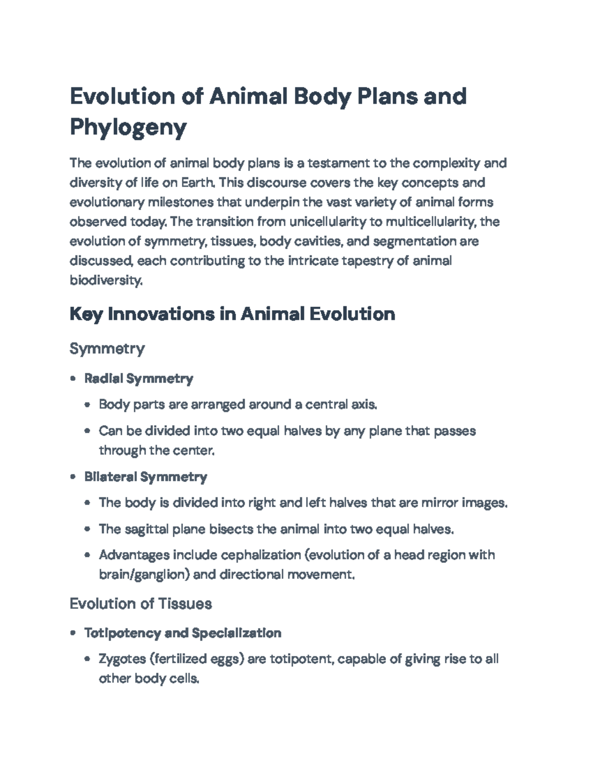 Evolution of Animal Body Plans and Phylogeny: Key Concepts and ...