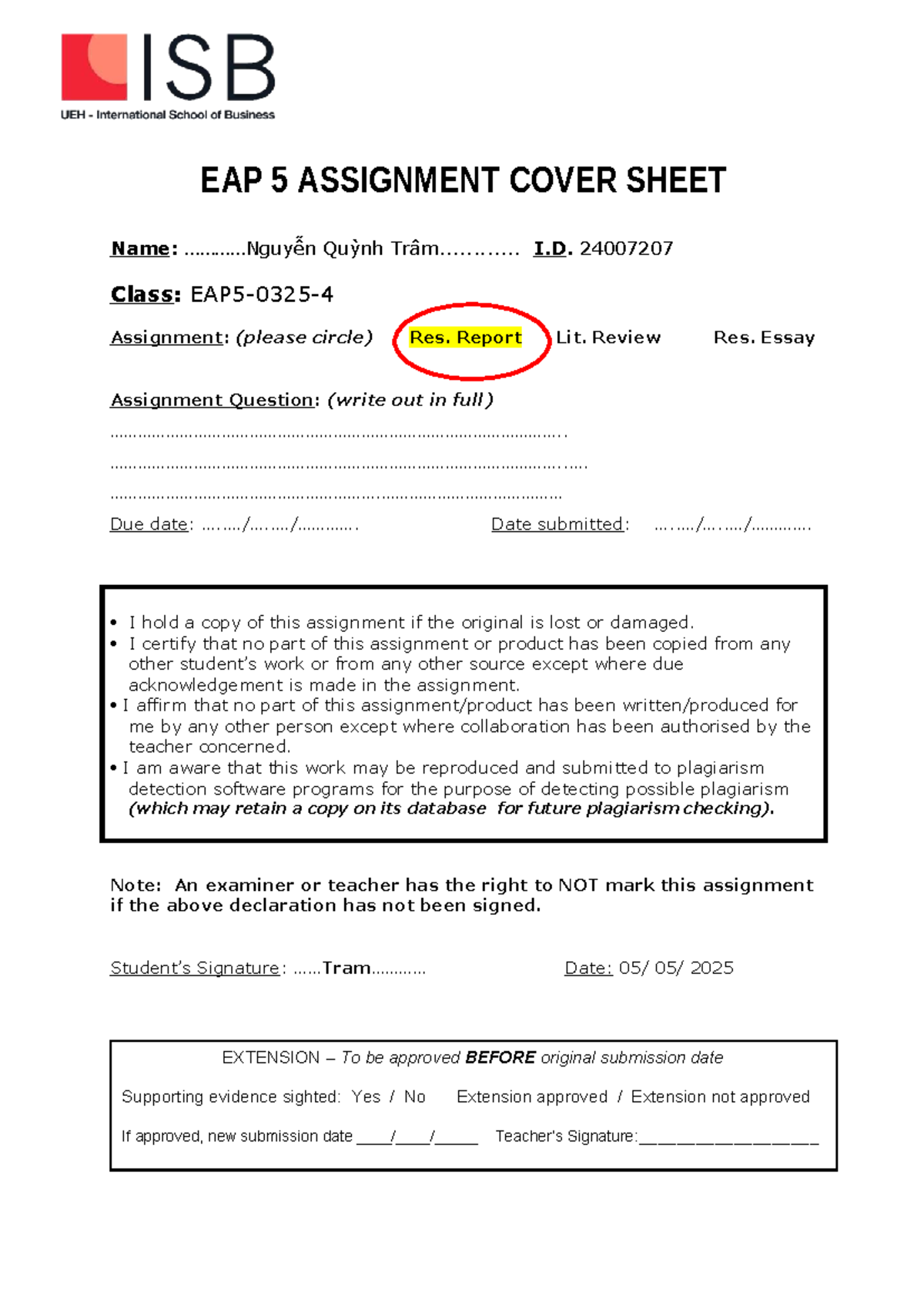 EAP 5 Study Habits Research Report Assignment Cover Sheet - Studocu