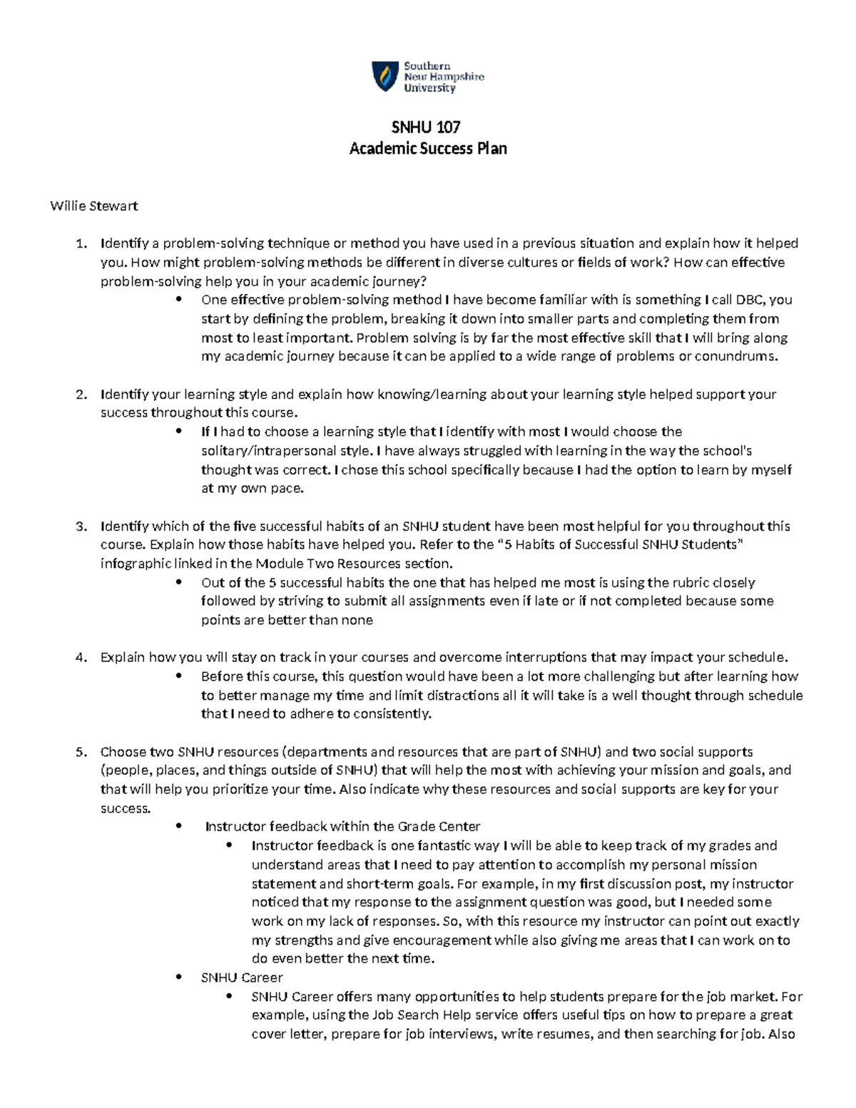 SNHU 107 Academic Success Plan: Strategies for Effective Learning and ...