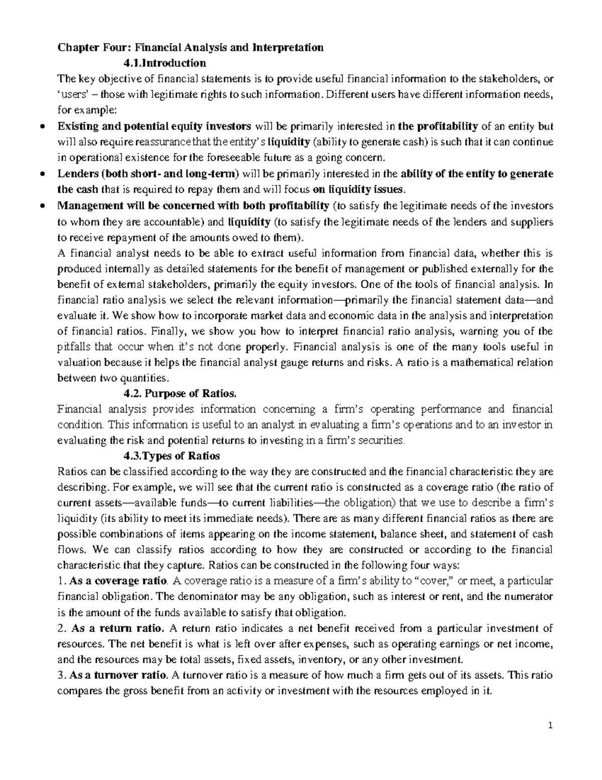 Unit Four: Financial Analysis & Interpretation (Chapter 4) - Studocu