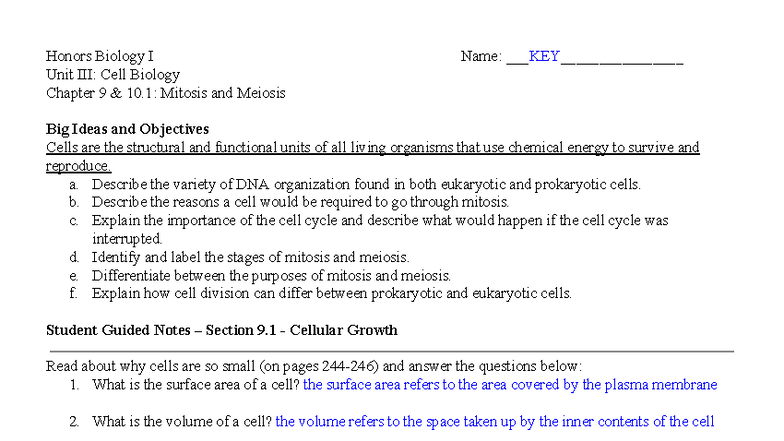 Honors Biology Unit Cell Biology: Mitosis & Meiosis Key SG Notes - Studocu