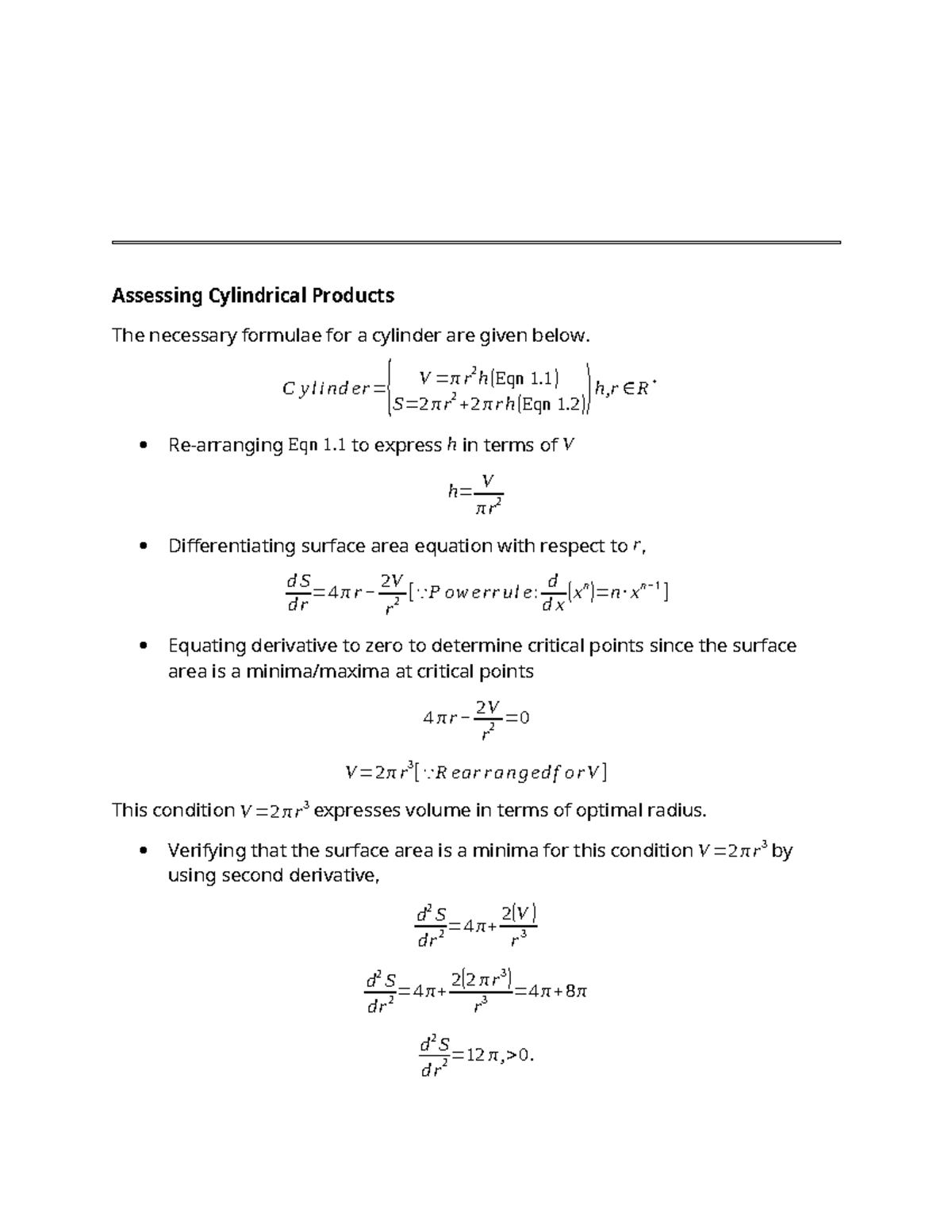 Assessing Surface Area Optimization for Cylindrical Products (MATH-IA ...