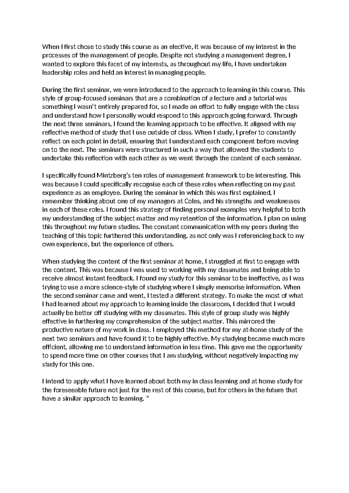 MGMT1003 Mini Reflection - When I first chose to study this course as ...