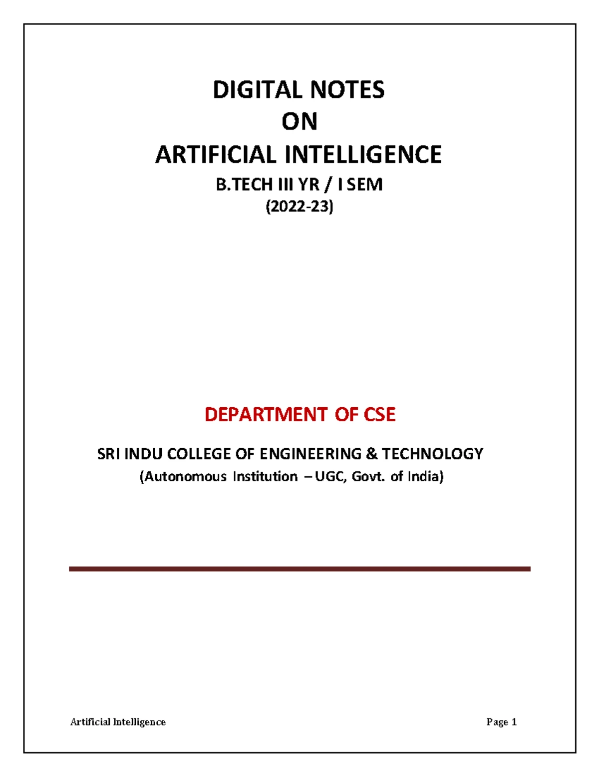 AI Lecture Notes - LECTURE NOTES ON ARTIFICIAL INTELLIGENCE PREPARED BY ...