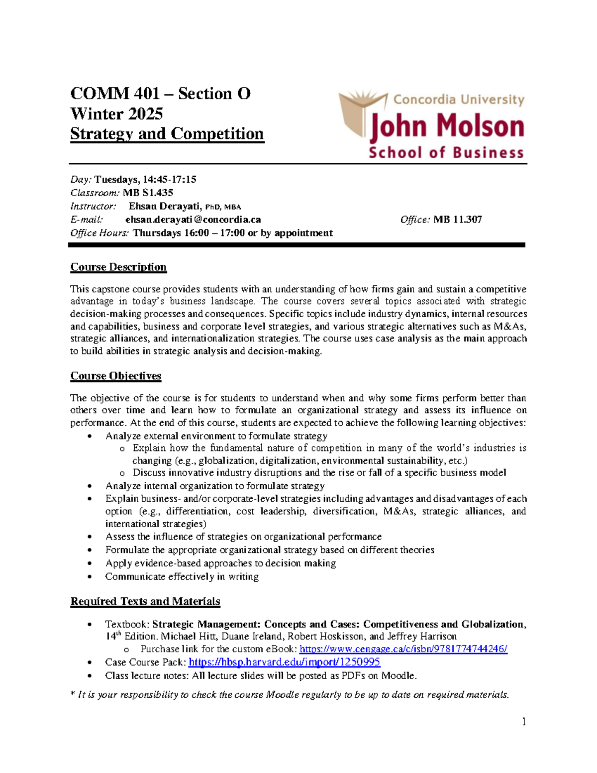 COMM 401-O Winter 2025 Course Outline: Strategy & Competition Overview ...