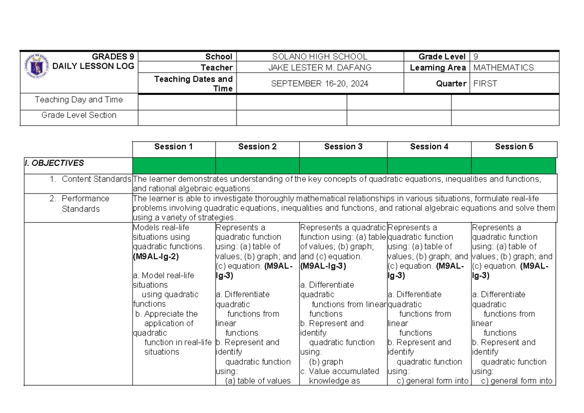 DLL Grade 9 Week 2 Mathematics Daily Lesson Log: Quadratic Equations ...