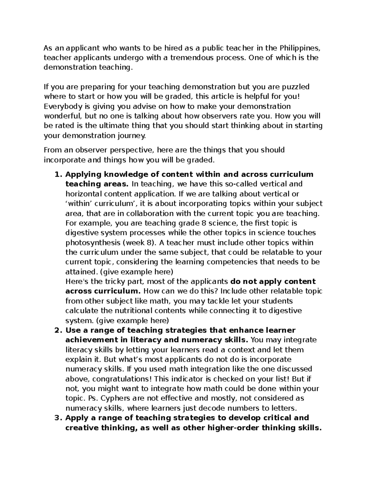Teaching Demonstration Insights for Teacher Applicants in the ...