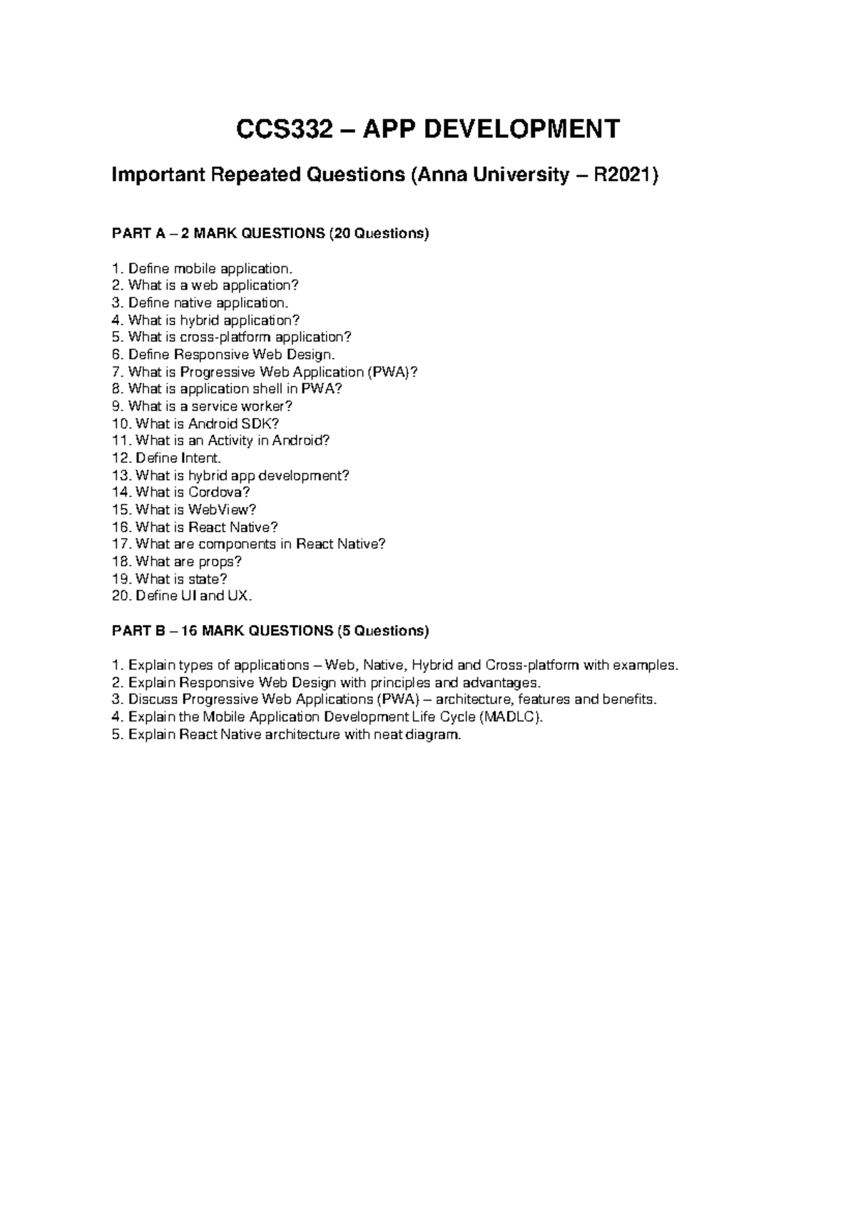CCS332 APP DEVELOPMENT Important 2 & 16 Mark Questions (R2021) - Studocu