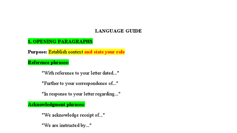 Thư trả lời - helpful - LANGUAGE GUIDE 1. OPENING PARAGRAPHS Purpose ...