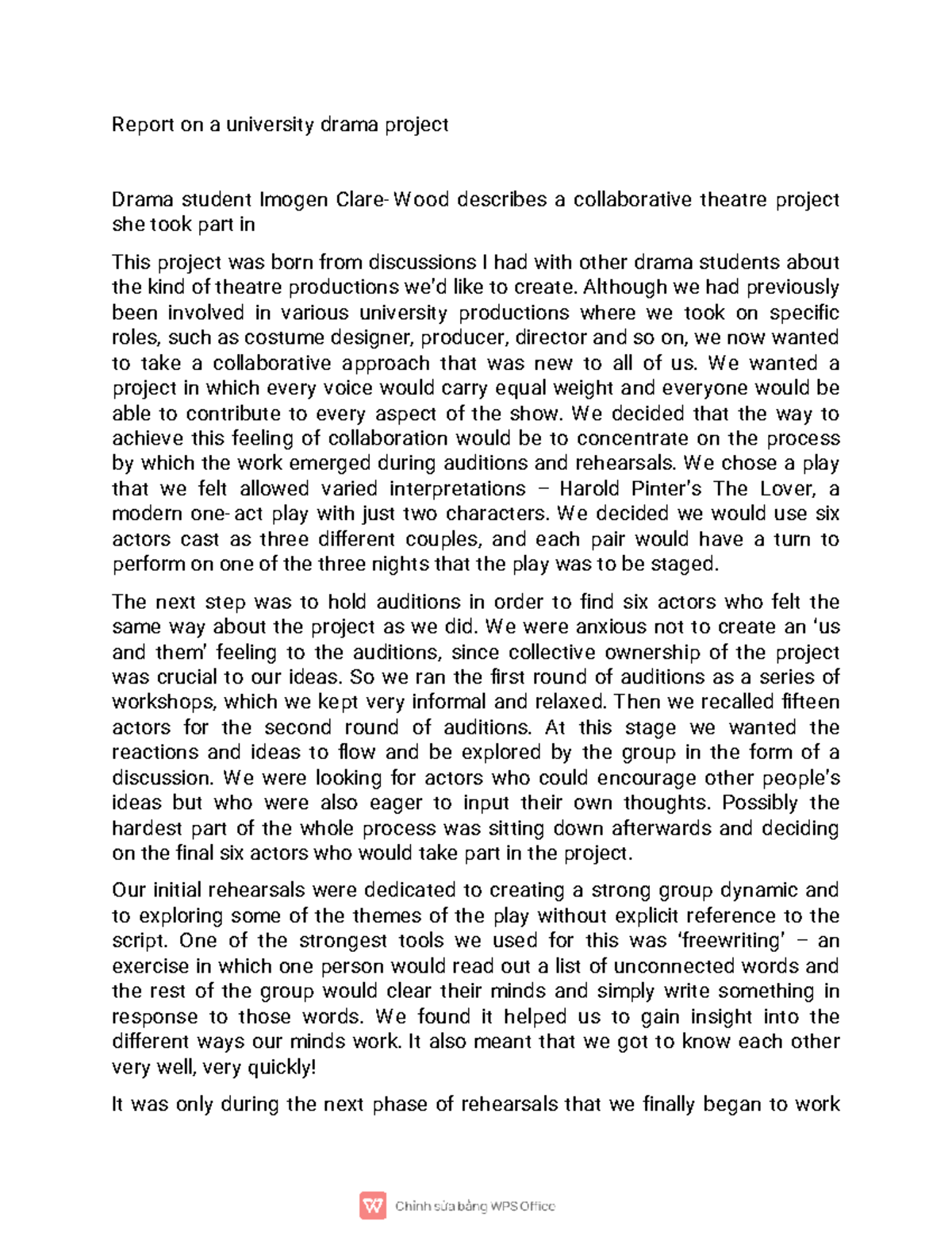 Report on University Dramatic Project (DRAM 101) - Studocu