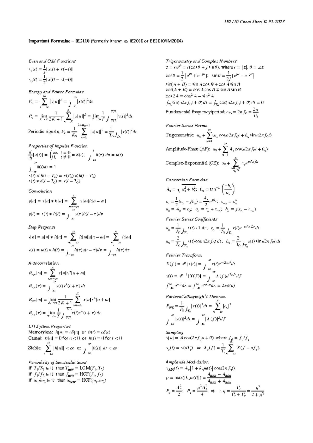 IE2110 Formula Cheat Sheet: Key Topics for Exam Success - Studocu