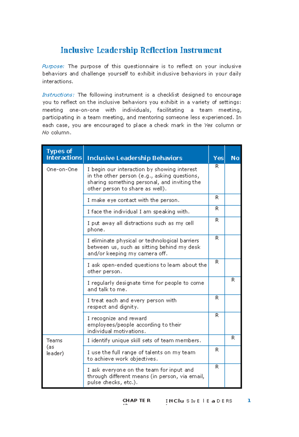 Inclusive Leadership Reflection Instrument: Self-Assessment Tool - Studocu