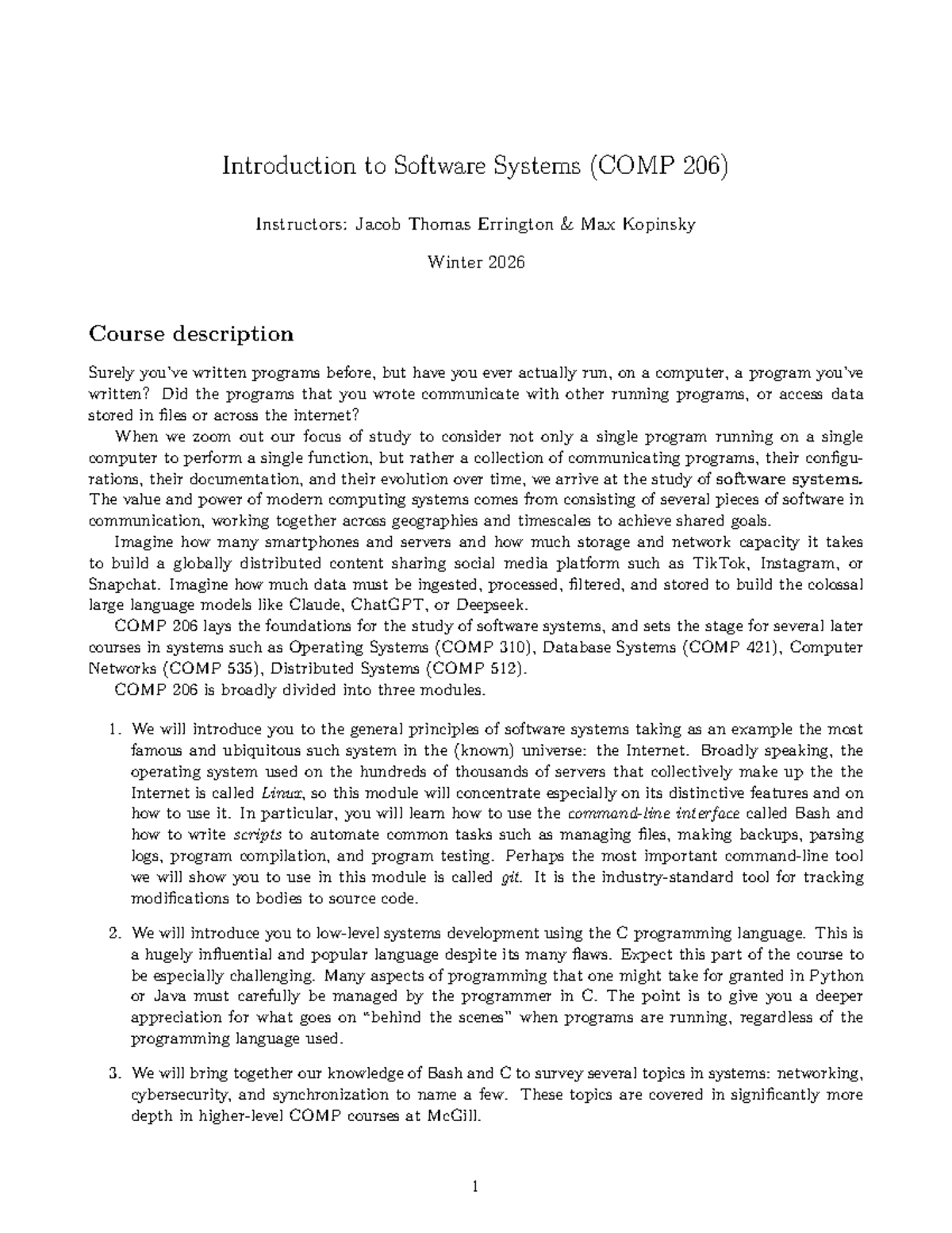 Syllabus for Introduction to Software Systems (COMP 206) - Winter 2026 ...