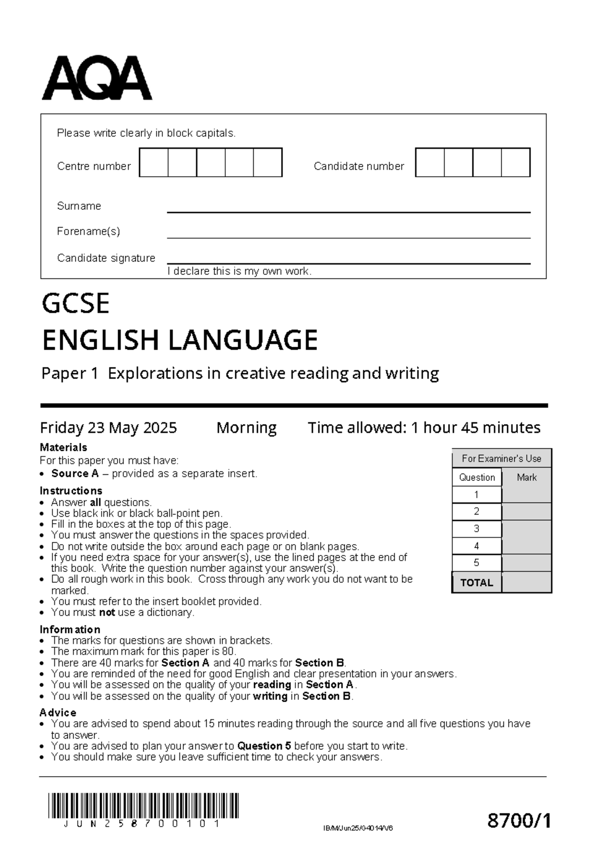 GCSE 8700/1 Paper 1: Creative Reading & Writing Exam Guide - Studocu