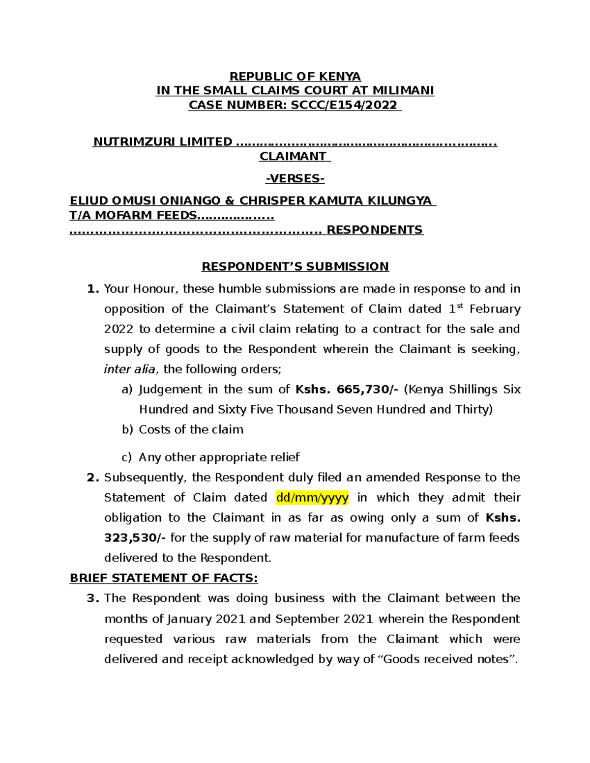 Mofarm Feeds Submissions - REPUBLIC OF KENYA IN THE SMALL CLAIMS COURT ...