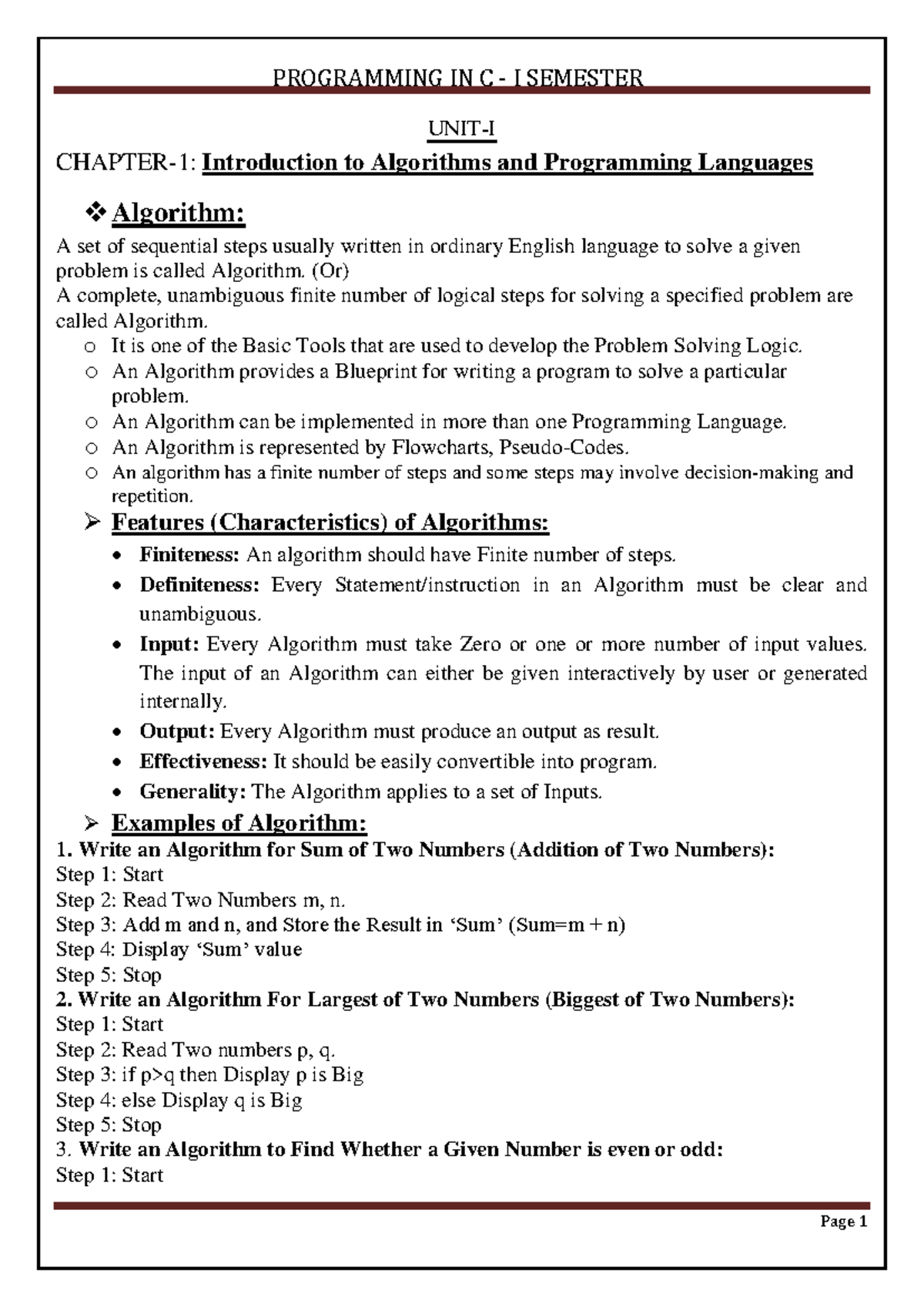 C LANG I SEMESTER Notes on Algorithms and Programming Basics - Studocu