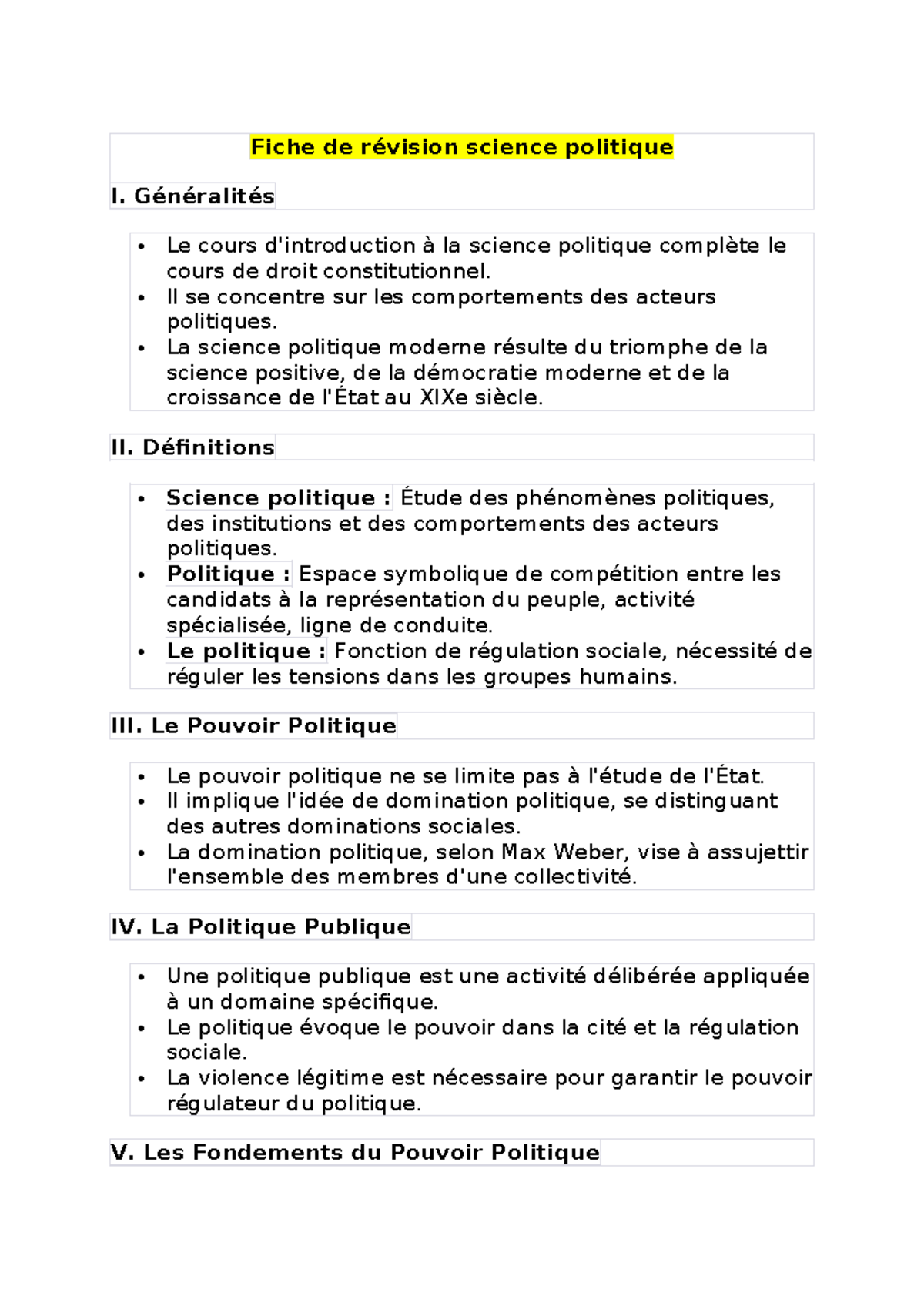 Fiche de révision SP I : Concepts et Acteurs de la Politique - Studocu